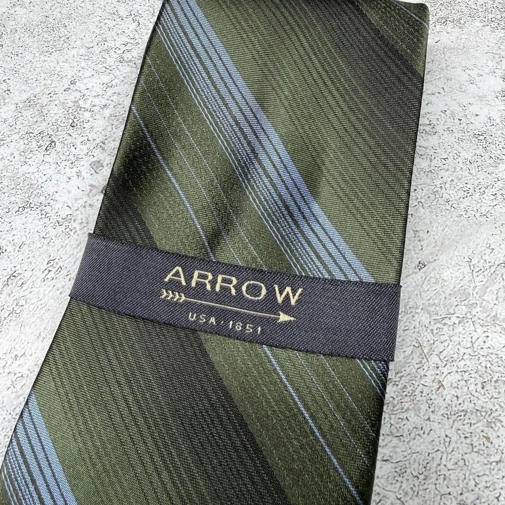Arrow Silk Tie Mens One Size‎ Green Striped Woven Classic Logo 100% Silk Necktie